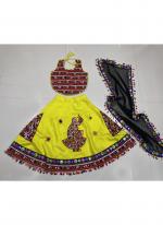 Art Silk Lemon Yellow Navratri Wear Kutchi Work Readymade Kids Lehenga Choli